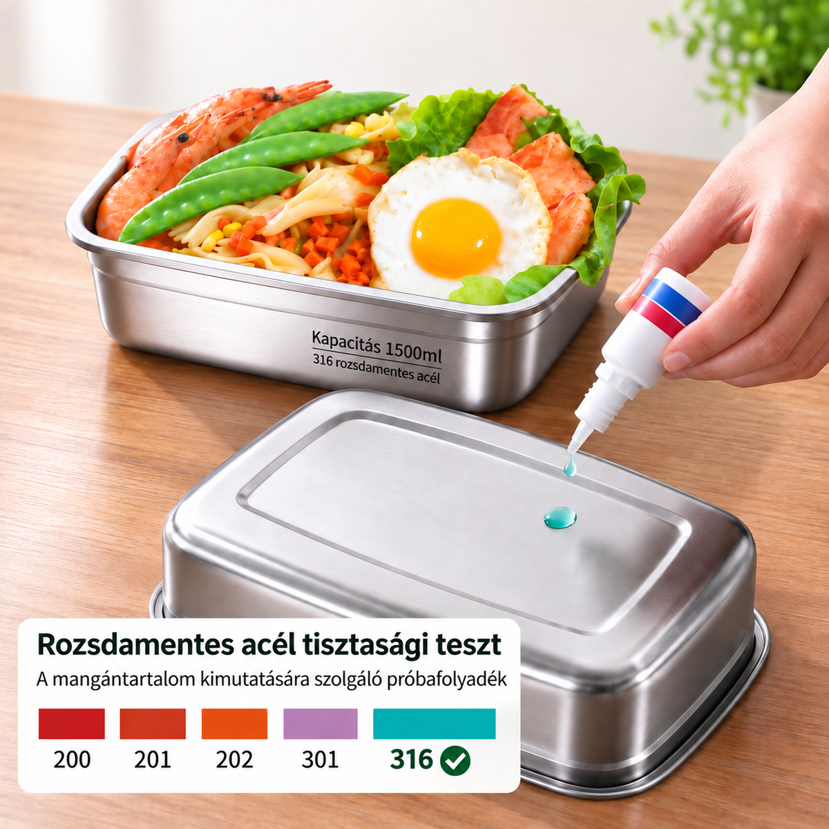 Antibakteriális vákuumos rozsdamentes acél ételtároló, nagy méret, 1500 ml (19×4×8 cm)