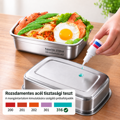 Antibakteriális vákuumos rozsdamentes acél ételtároló, nagy méret, 1500 ml (19×4×8 cm)