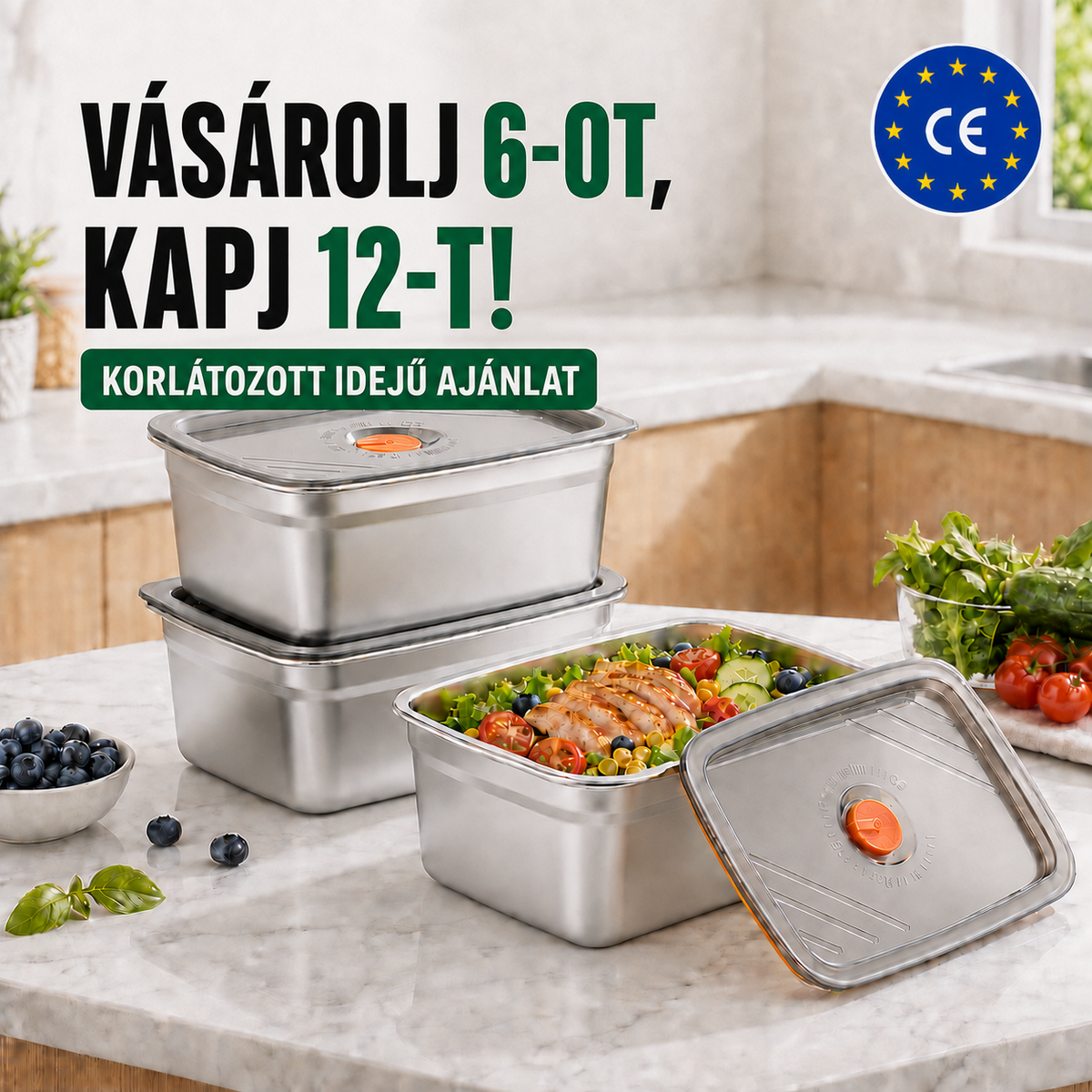 Nagy Antibakteriális Rozsdamentes Acél Légmentesen Záródó Élelmiszer-Tartály - 1500ml (19 x 14 x 8 cm)