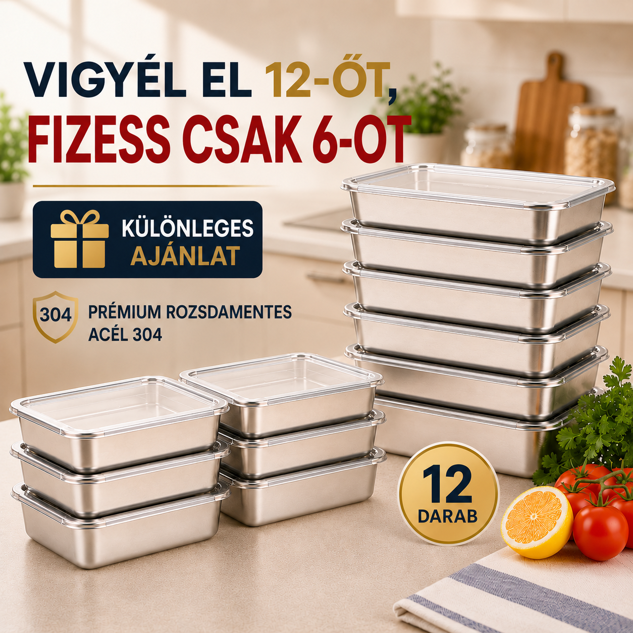 Vegyél 12-et, Fizess 6-ért | 304-es Rozsdamentes Acél Ételtároló Szett (Légmentes, 2000ML)