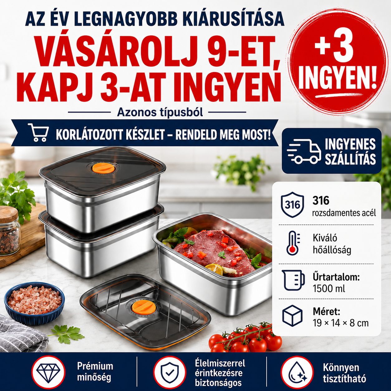 316-os rozsdamentes acél ételtároló, 1500 ml kapacitással – Biztonságos és praktikus megoldás élelmiszerek tárolására (19 × 14 × 8 cm)