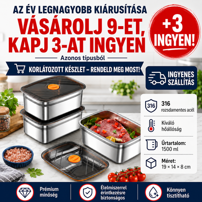 316-os rozsdamentes acél ételtároló, 1500 ml kapacitással – Biztonságos és praktikus megoldás élelmiszerek tárolására (19 × 14 × 8 cm)